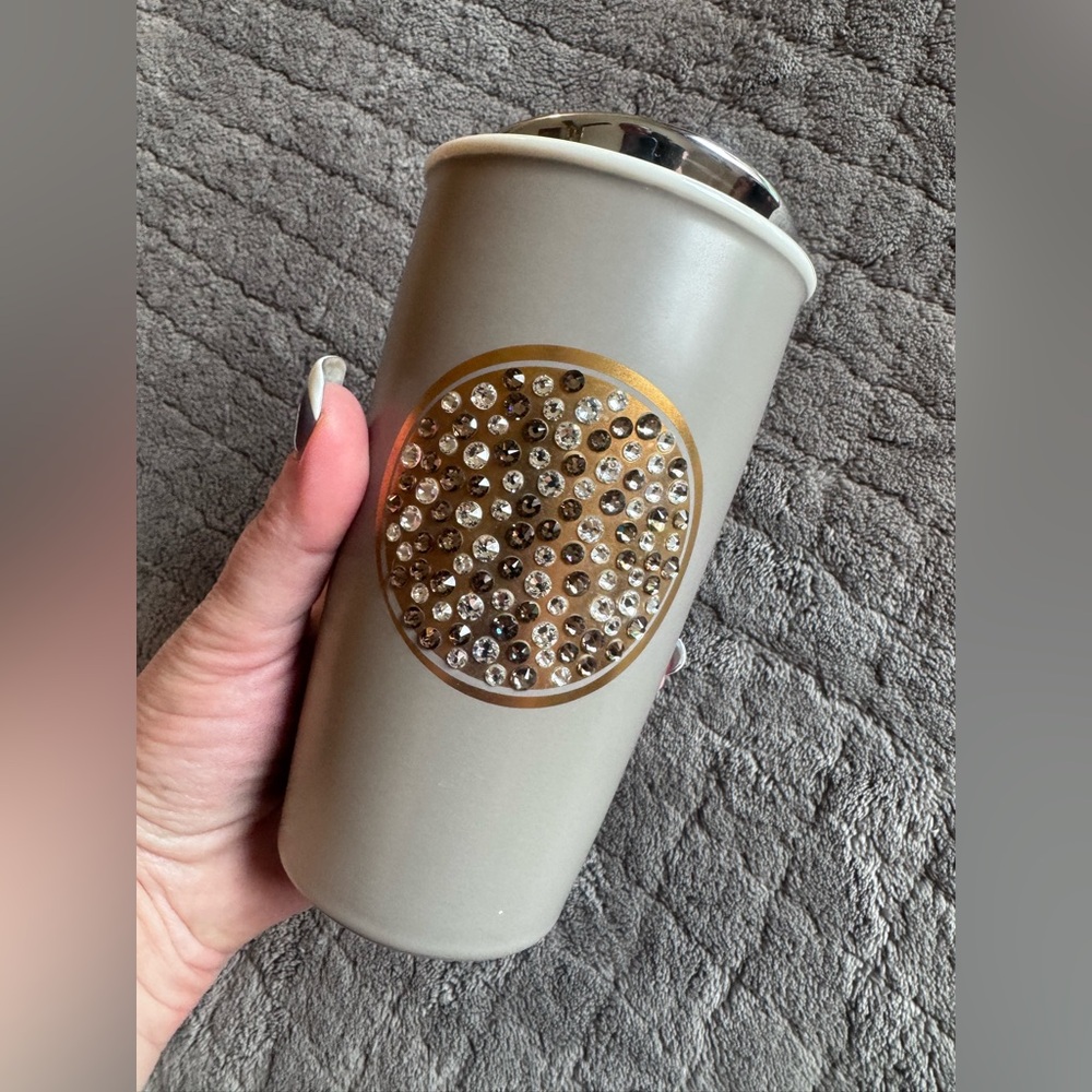 Limited Edition Starbucks Swarovski Crystals Gray With Gold Lid Travel Mug 12oz